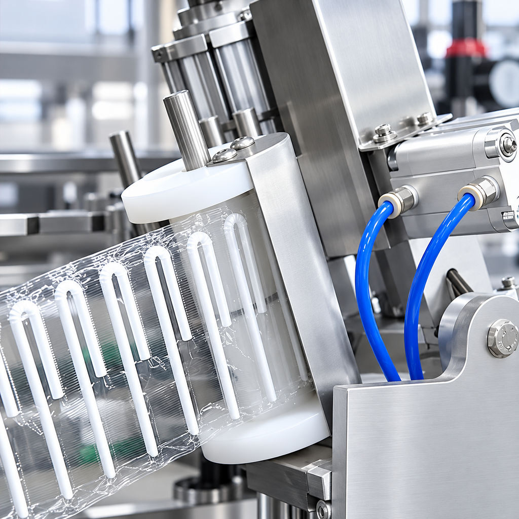 Automatic Straw Applicator close up packaging film assembly