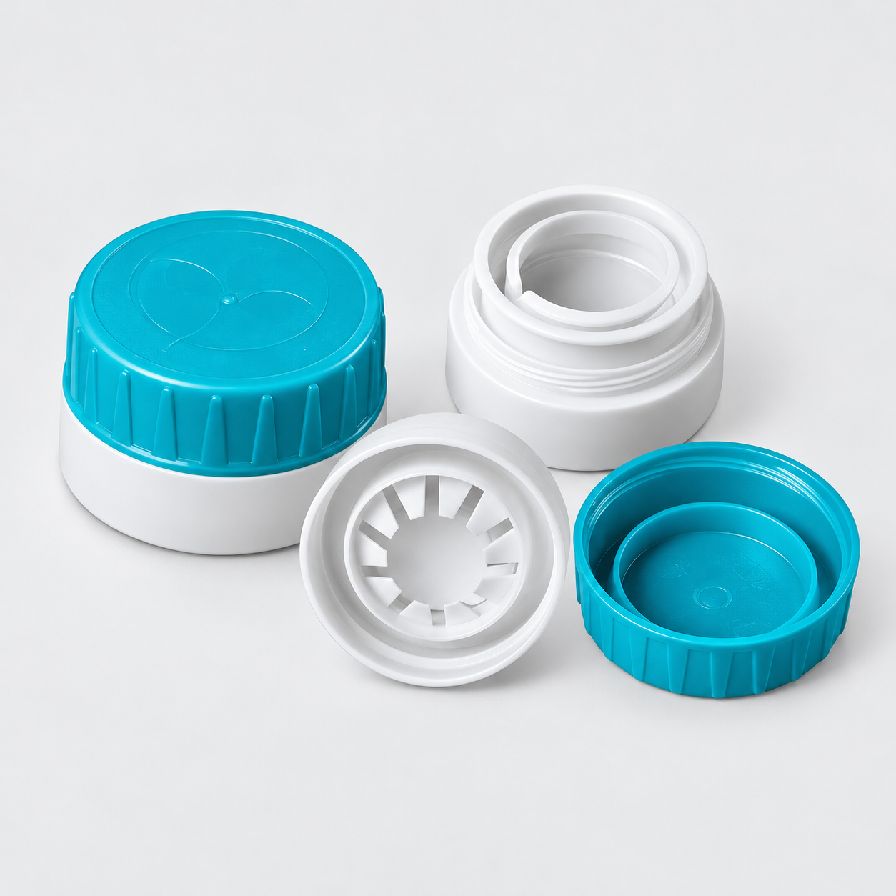 cyan and white closure components