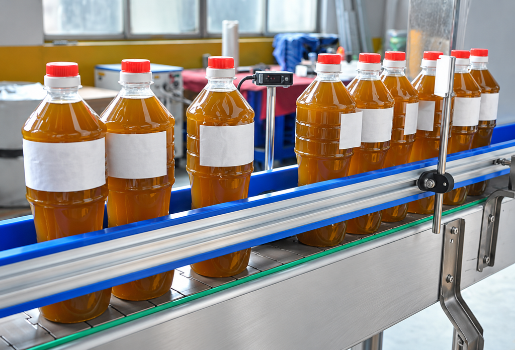 modern bottling line with amber drinks