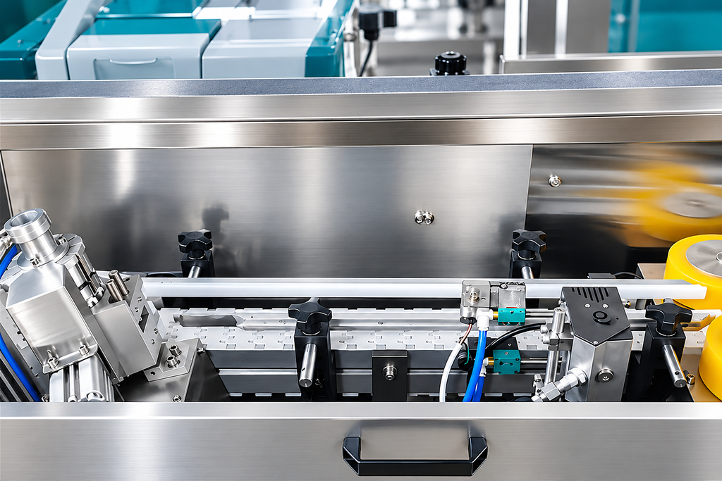 Automatic Straw Applicator stainless steel conveyor mechanism close up